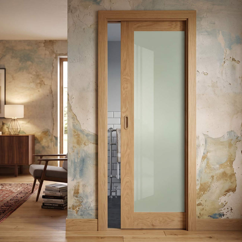 Walden Real American Oak Veneer Single Evokit Pocket Door - Frosted Glass - Unfinished