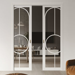 Image: Bowery White Primed Double Evokit Pocket Doors - Clear Glass