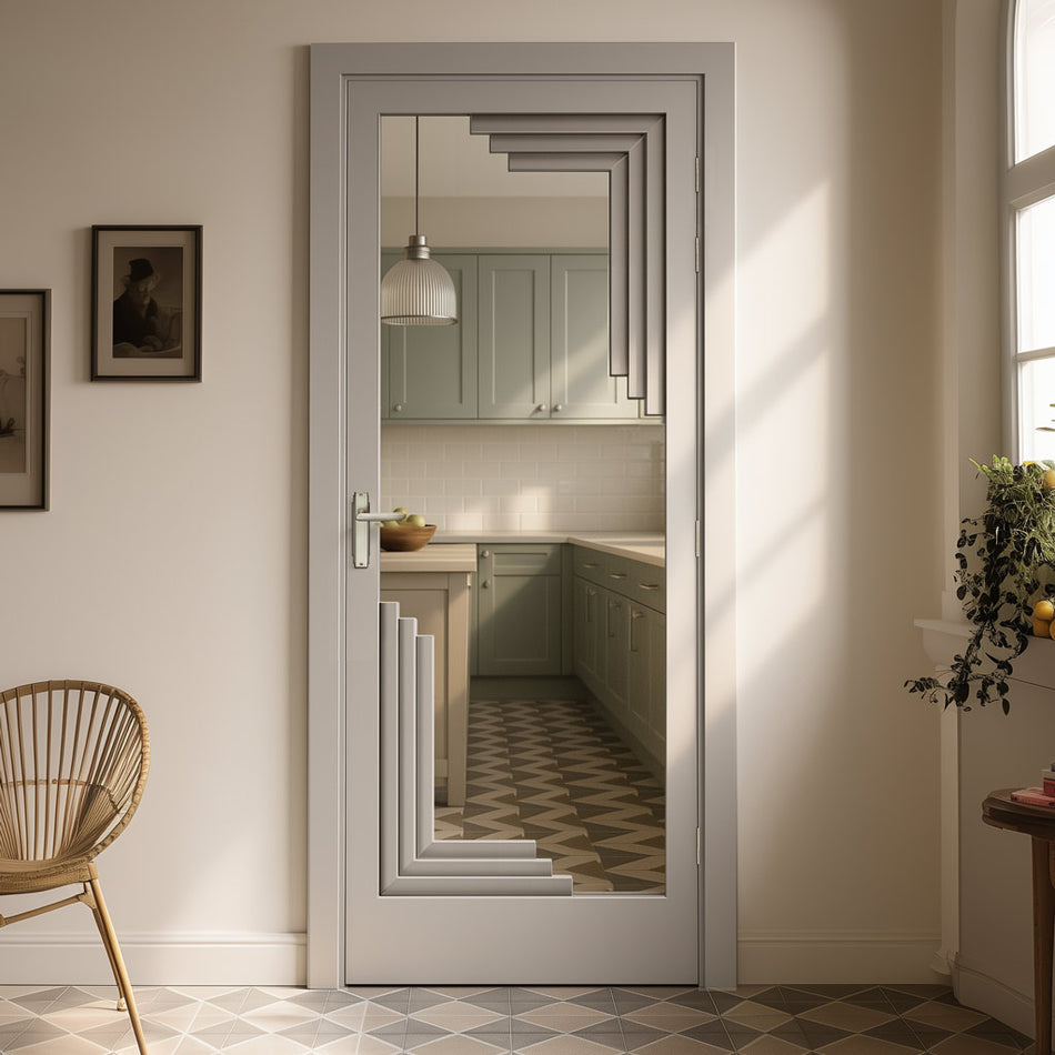 Urban Deco® Solid Wood Internal Door UK Made - Clear Glass - Mist Grey Premium Primed - Bespoke Sizes
