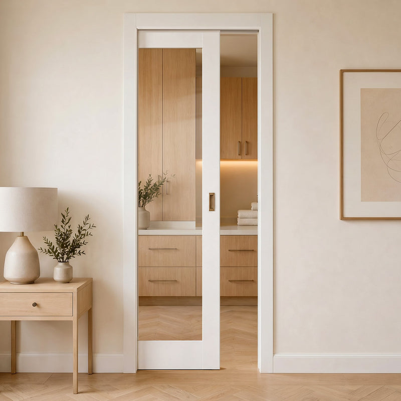 Pattern 10 Style Panel Single Evokit Pocket Door - Clear Glass - White Primed