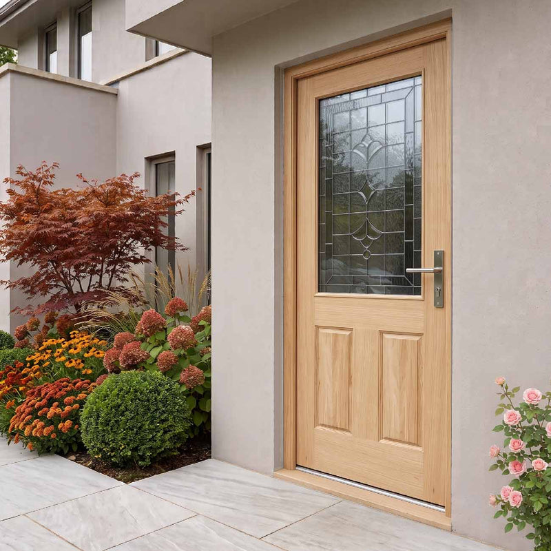 Winchester External Oak Front Door - Part Frosted Zinc Double Glazing - Warmerdoor Style