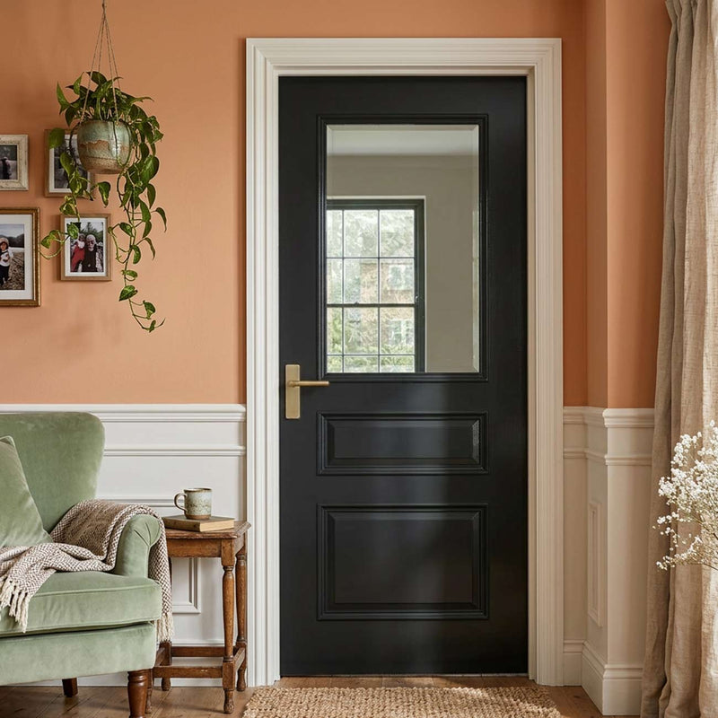Windsor Internal Door Black Prefinished - Clear Bevelled Glass