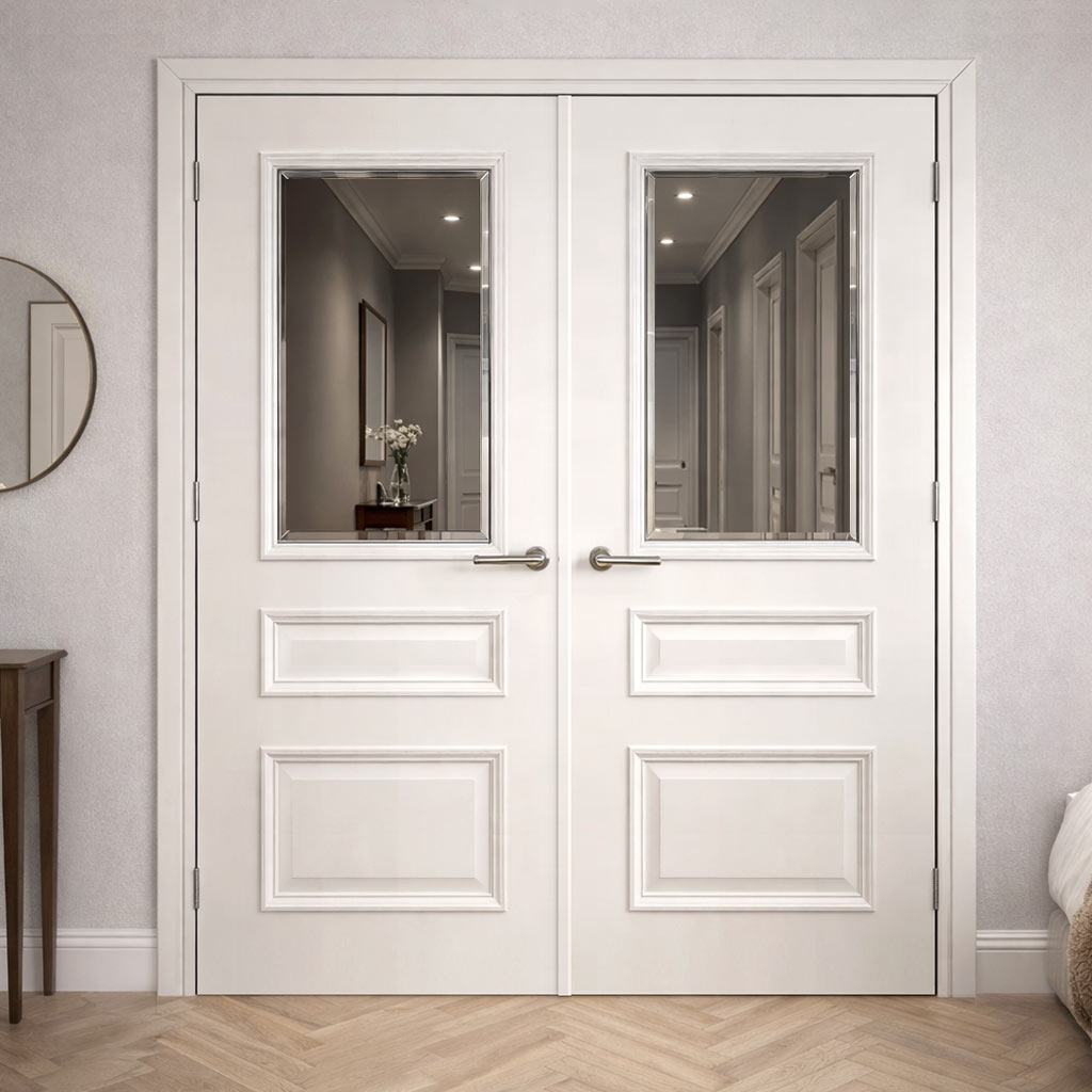 Windsor White Primed Internal Door Pair - Clear Bevelled Glass