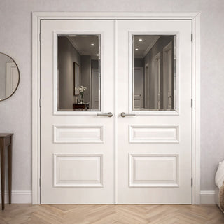 Image: Windsor White Primed Internal Door Pair - Clear Bevelled Glass