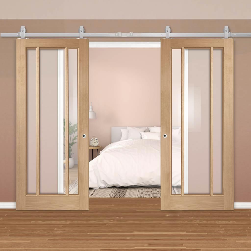 Top Mounted Stainless Steel Sliding Track & Double Door - Worcester Oak 3 Pane Doors - Clear Glass - Prefinished