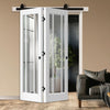 SpaceEasi Top Mounted Black Folding Track & Double Door - Worcester 3 Pane Door - Clear Glass - White Primed