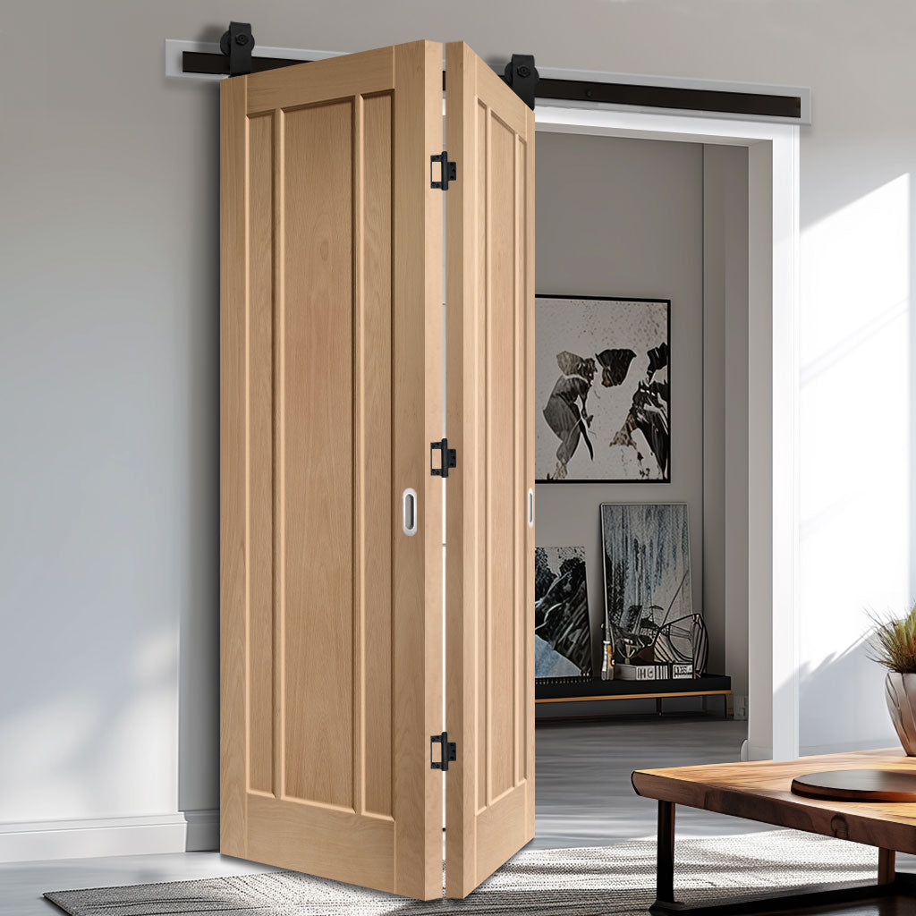 SpaceEasi Top Mounted Black Folding Track & Double Door - Worcester Oak 3 Panel Door - Prefinished