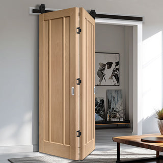 Image: SpaceEasi Top Mounted Black Folding Track & Double Door - Worcester Oak 3 Panel Door - Prefinished