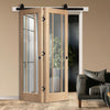 SpaceEasi Top Mounted Black Folding Track & Double Door - Worcester Oak 3 Pane Door - Clear Glass - Prefinished