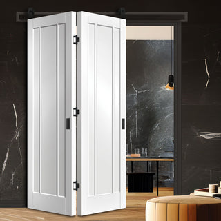 Image: SpaceEasi Top Mounted Black Folding Track & Double Door - Worcester 3 Panel Door - White Primed