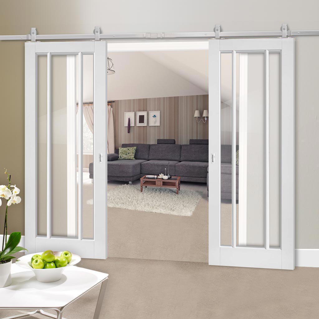 Top Mounted Stainless Steel Sliding Track & Double Door - Worcester 3 Pane Doors - Clear Glass - White Primed