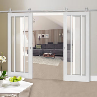 Image: Top Mounted Stainless Steel Sliding Track & Double Door - Worcester 3 Pane Doors - Clear Glass - White Primed