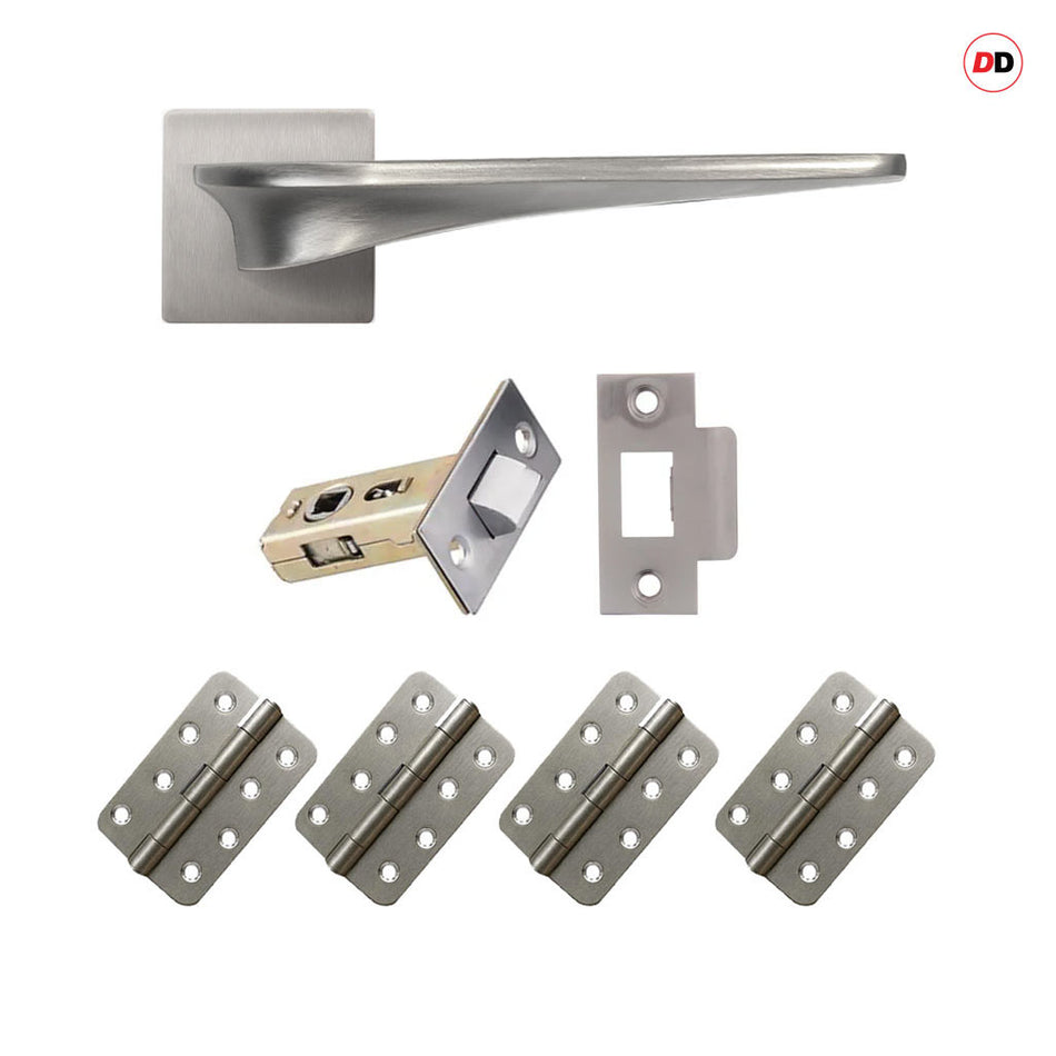 Zenith Door Lever Handle Pack - 4 Radius Cornered Hinges - Satin Finish