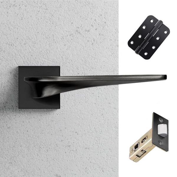 Zenith Door Lever Handle Pack - 3 Radius Cornered Hinges - Matt Black