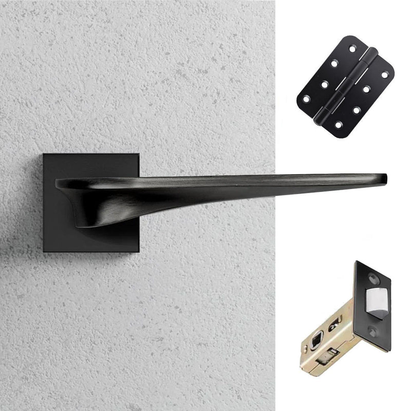 Zenith Door Lever Handle Pack - 3 Radius Cornered Hinges - Matt Black