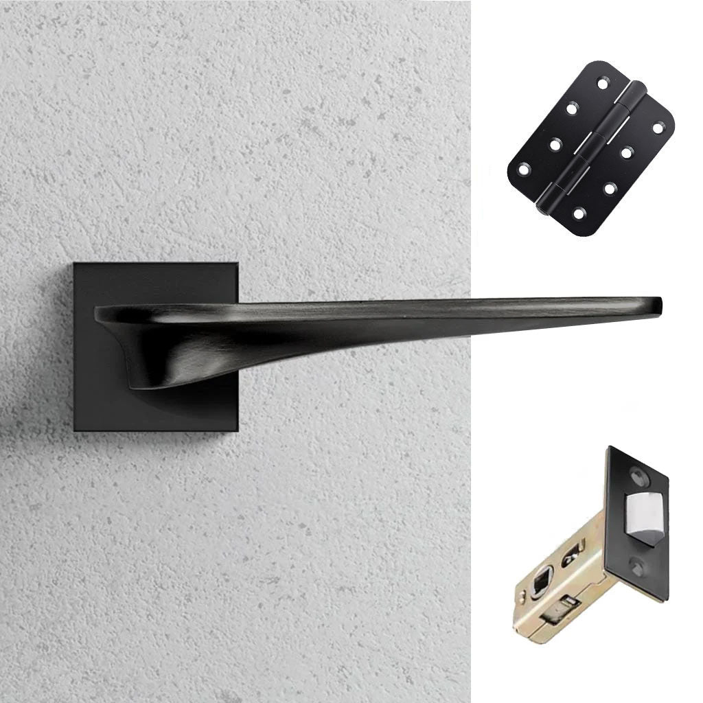 Zenith Door Lever Handle Pack - 4 Radius Cornered Hinges - Matt Black