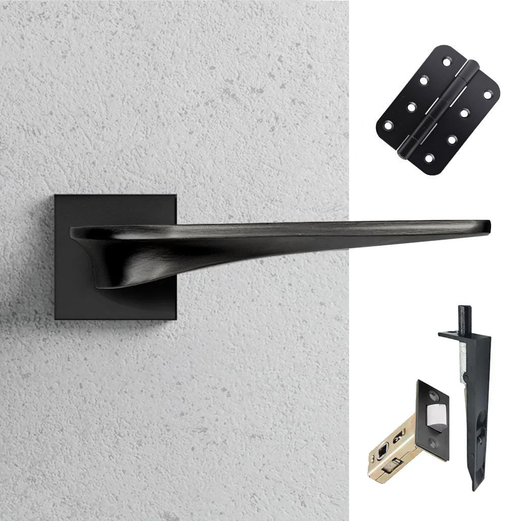 Zenith Double Door Lever Handle Pack - 6 Radius Cornered Hinges - Matt Black - Combo Handle and Accessory Pack