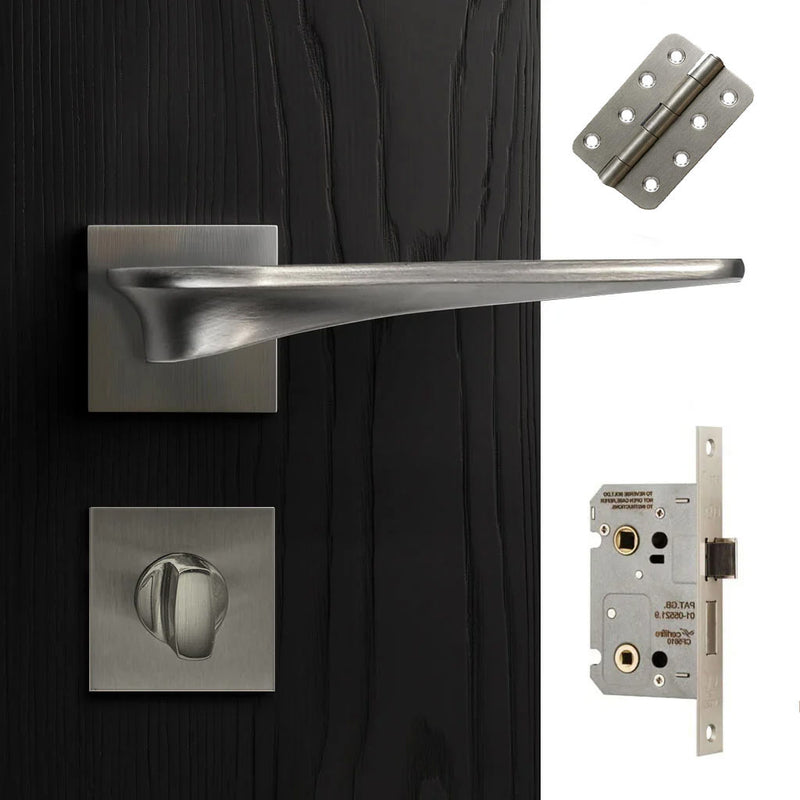 Zenith Door Lever Bathroom Handle Pack - 3 Radius Cornered Hinges - Satin Finish
