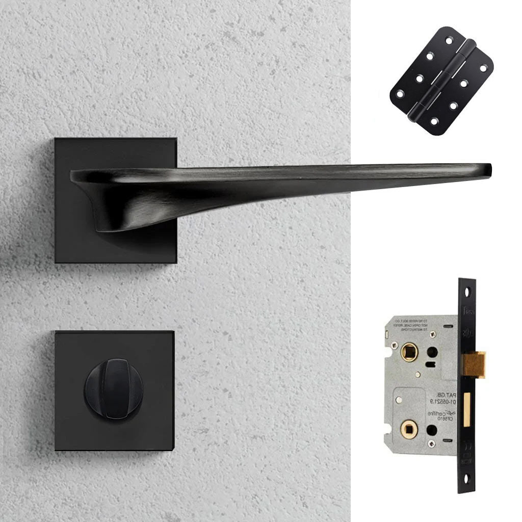 Zenith Door Lever Bathroom Handle Pack - 3 Radius Cornered Hinges - Matt Black