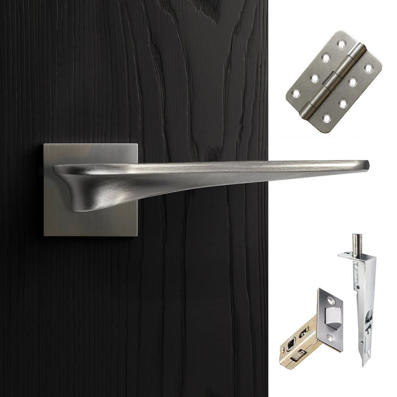 Zenith Door Lever Handle Pack - 3 Radius Cornered Hinges - Satin Finish