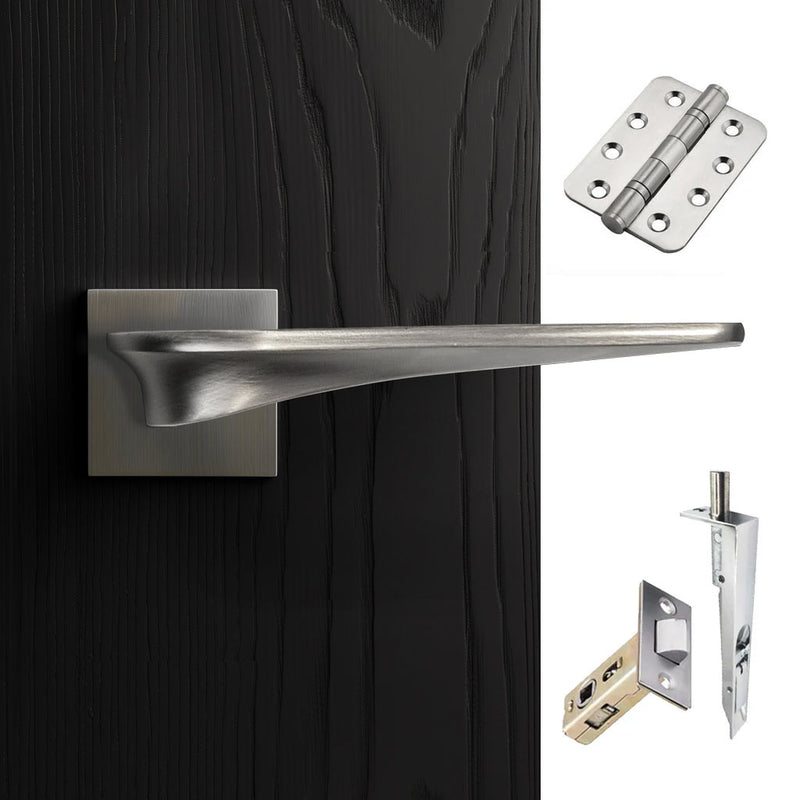 Zenith Double Door Lever Handle Pack - 6 Radius Cornered Hinges - Satin Finish - Combo Handle and Accessory Pack