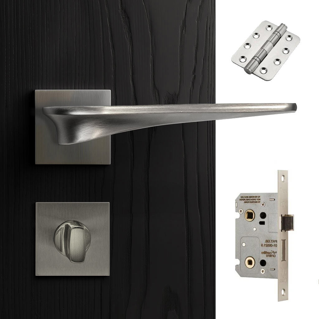 Zenith Door Lever Bathroom Handle Pack - 3 Radius Cornered Hinges - Satin Finish