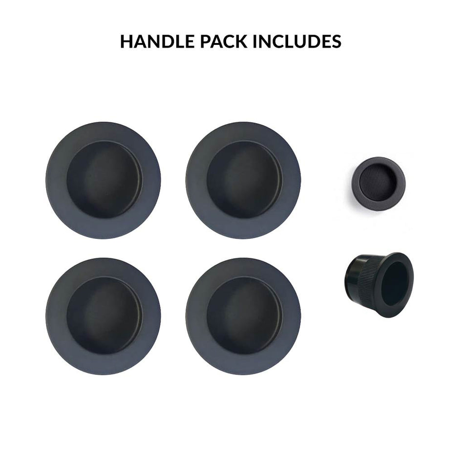 2 Pairs of Anniston 50mm Sliding Door Round Flush Pulls and 2x  Finger Pull  - Matt Black Finish