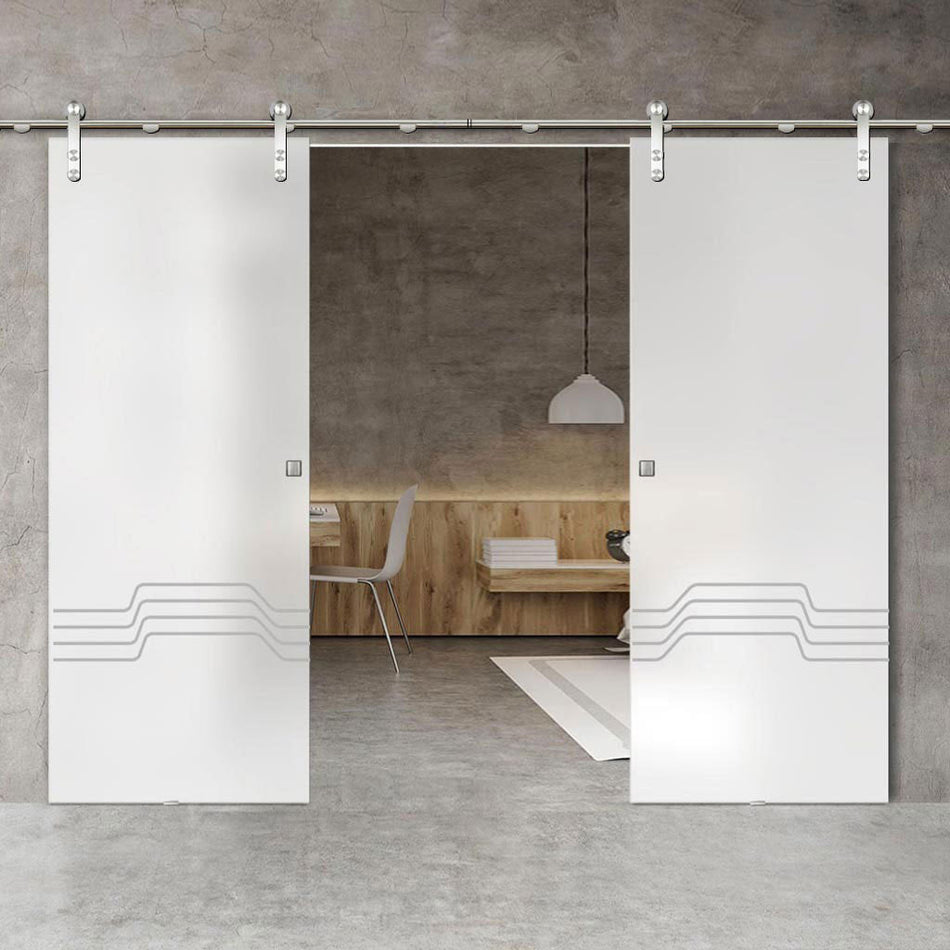 Double Glass Sliding Door - Solaris Tubular Stainless Steel Sliding Track & Allanton 8mm Obscure Glass - Clear Printed Design