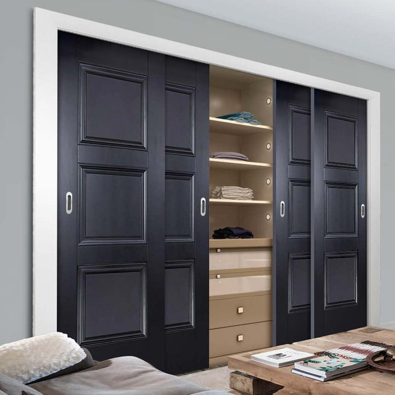Minimalist Wardrobe Door & Frame Kit - Four Amsterdam 3 Panel Black Primed Doors - Unfinished