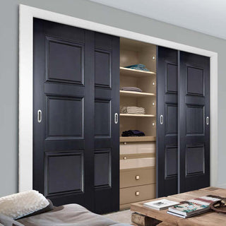 Image: Minimalist Wardrobe Door & Frame Kit - Four Amsterdam 3 Panel Black Primed Doors - Unfinished