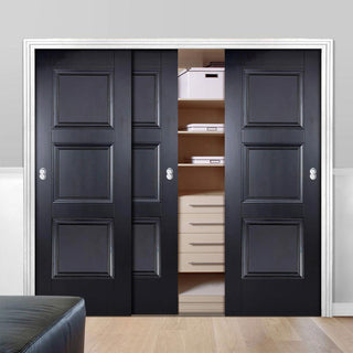Image: Minimalist Wardrobe Door & Frame Kit - Three Amsterdam 3 Panel Black Primed Doors - Unfinished