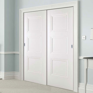 Image: Minimalist Wardrobe Door & Frame Kit - Two Amsterdam 3 Panel Doors - White Primed