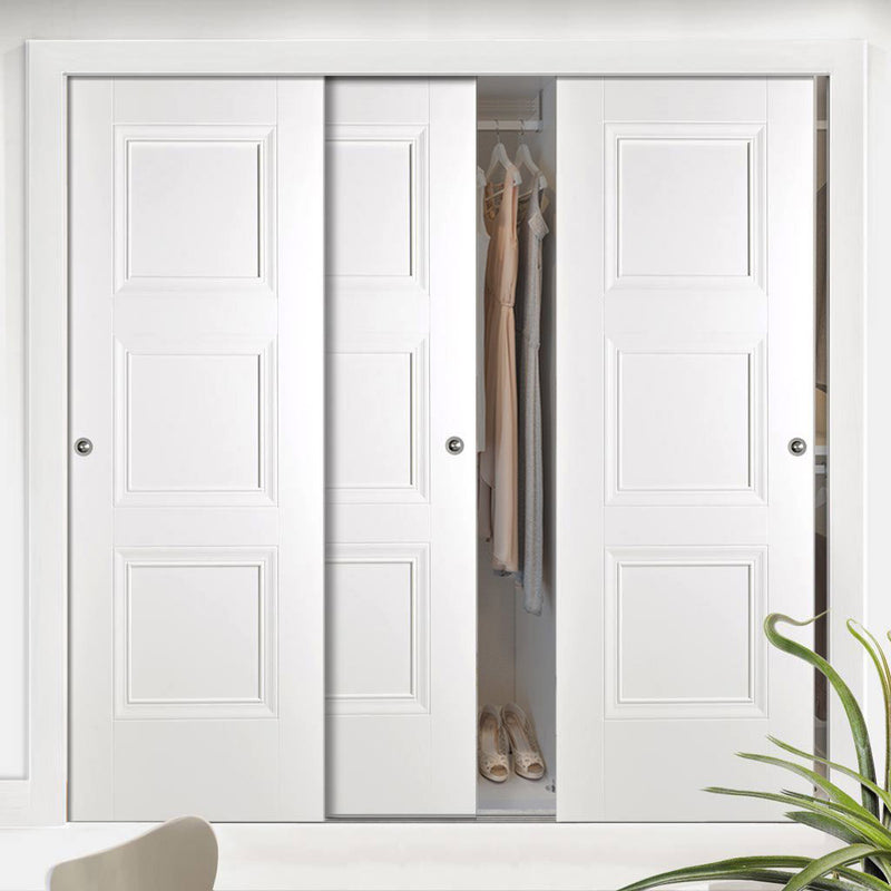 Minimalist Wardrobe Door & Frame Kit - Three Amsterdam 3 Panel Doors - White Primed