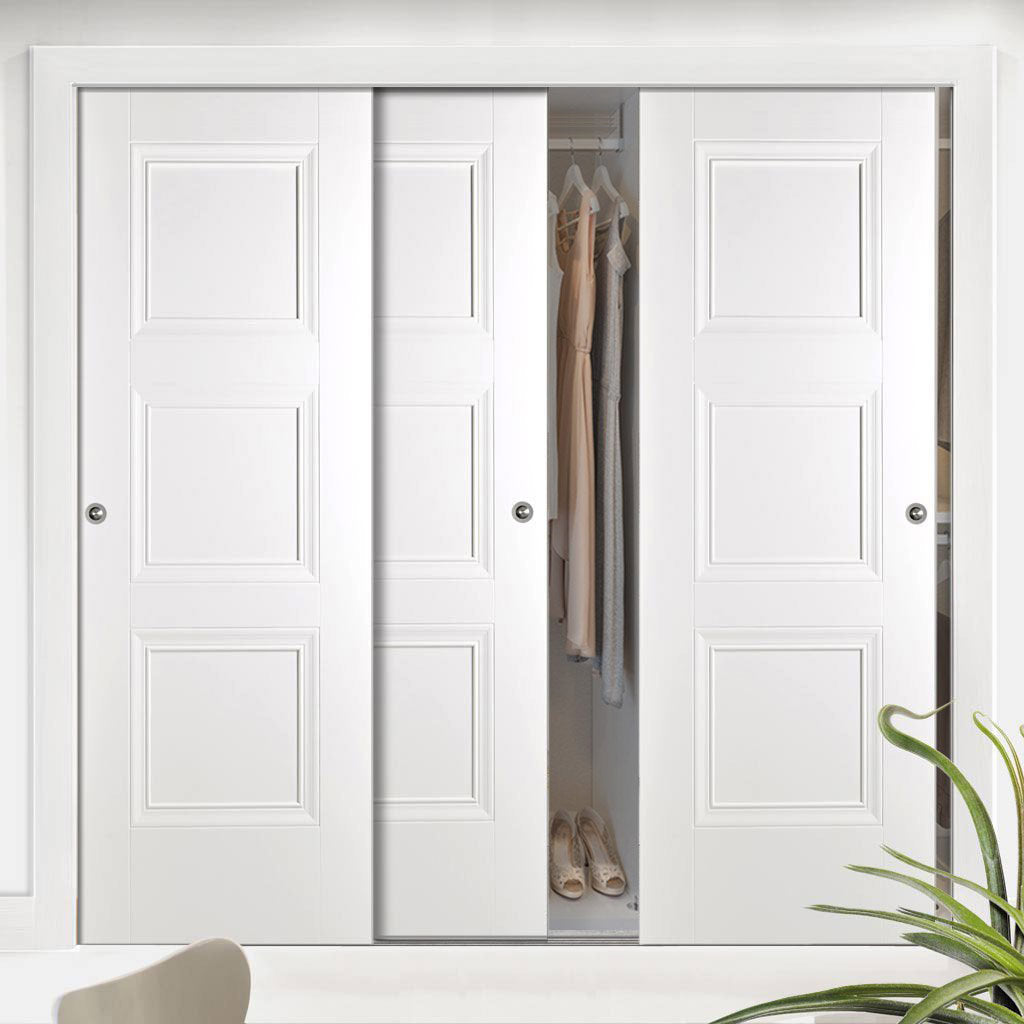Minimalist Wardrobe Door & Frame Kit - Three Amsterdam 3 Panel Doors - White Primed