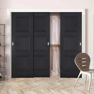 Image: Minimalist Wardrobe Door & Frame Kit - Three Antwerp 3 Panel Black Primed Door