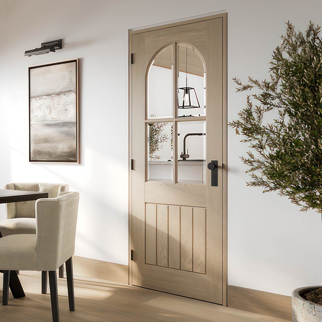 Mexicano Blonde Oak Internal Door - Arched Square Top - Clear Glass ...