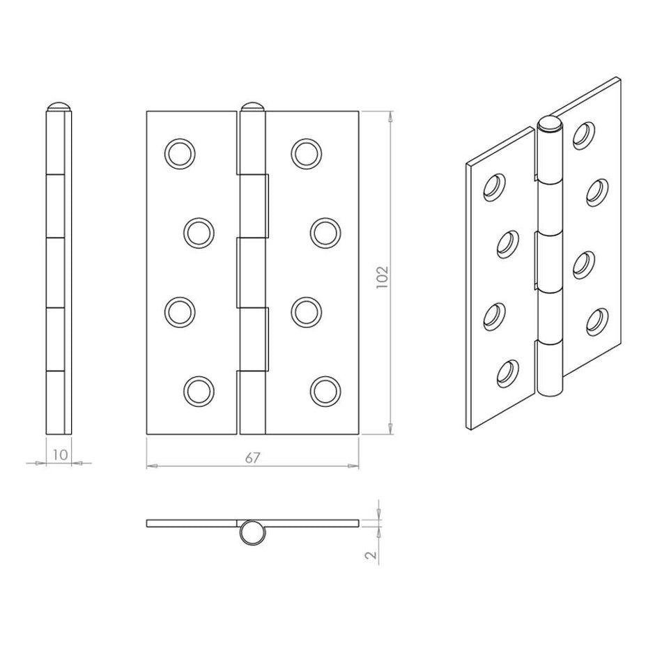 Ares Loft Style Matt Black Square Cornered Hinges 102x67x2mm - Single Hinge