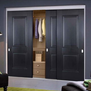 Image: Minimalist Wardrobe Door & Frame Kit - Three Arnhem 2 Panel Black Primed Doors - Unfinished