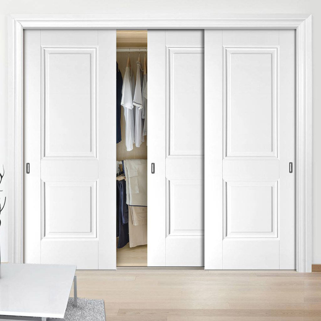 Minimalist Wardrobe Door & Frame Kit - Three Arnhem 2 Panel Doors - White Primed