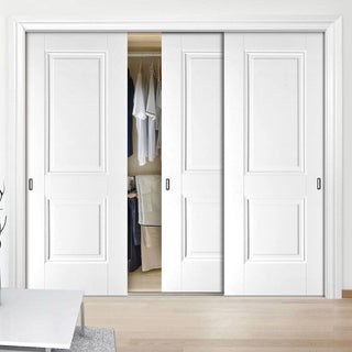 Image: Minimalist Wardrobe Door & Frame Kit - Three Arnhem 2 Panel Doors - White Primed