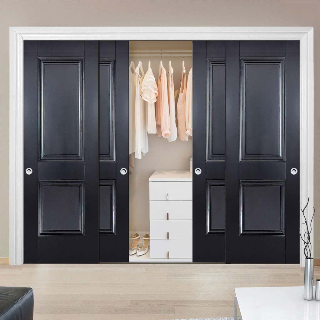 Minimalist Wardrobe Door & Frame Kit - Four Arnhem 2 Panel Black Primed Doors - Unfinished