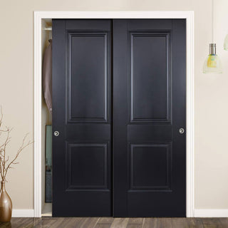 Image: Minimalist Wardrobe Door & Frame Kit - Two Arnhem 2 Panel Black Primed Doors - Unfinished