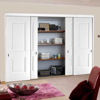 Image: Minimalist Wardrobe Door & Frame Kit - Four Arnhem 2 Panel Doors - White Primed