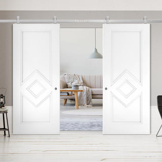 Image: Top Mounted Stainless Steel Sliding Track & Ascot White Primed Panel Double Door