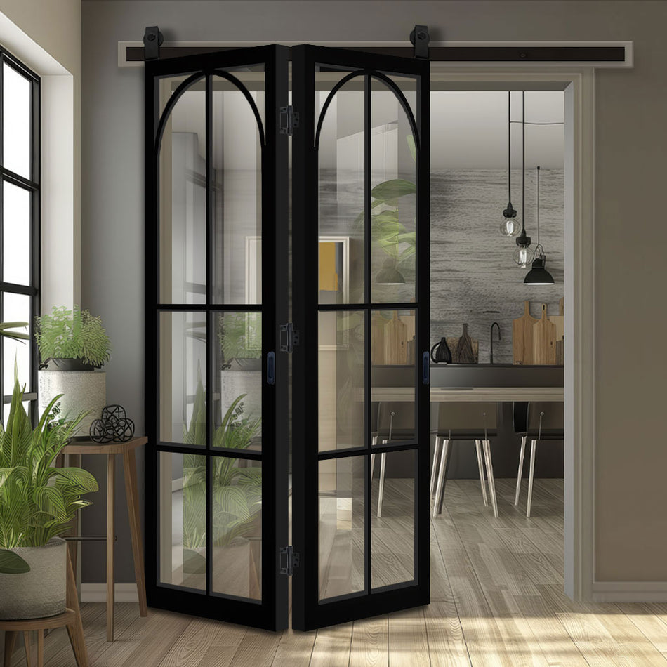 Sliding Top Mounted Black Folding Track & Double Door - Astoria Black Internal Door - Clear Glass - Prefinished