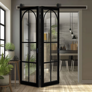 Image: SpaceEasi Top Mounted Black Folding Track & Double Door - Astoria Black Internal Door - Clear Glass - Prefinished