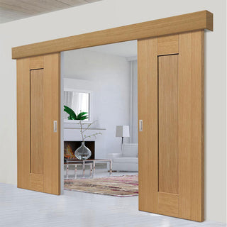 Image: Double Sliding Door & Wall Track - Axis Oak Shaker Doors - Prefinished