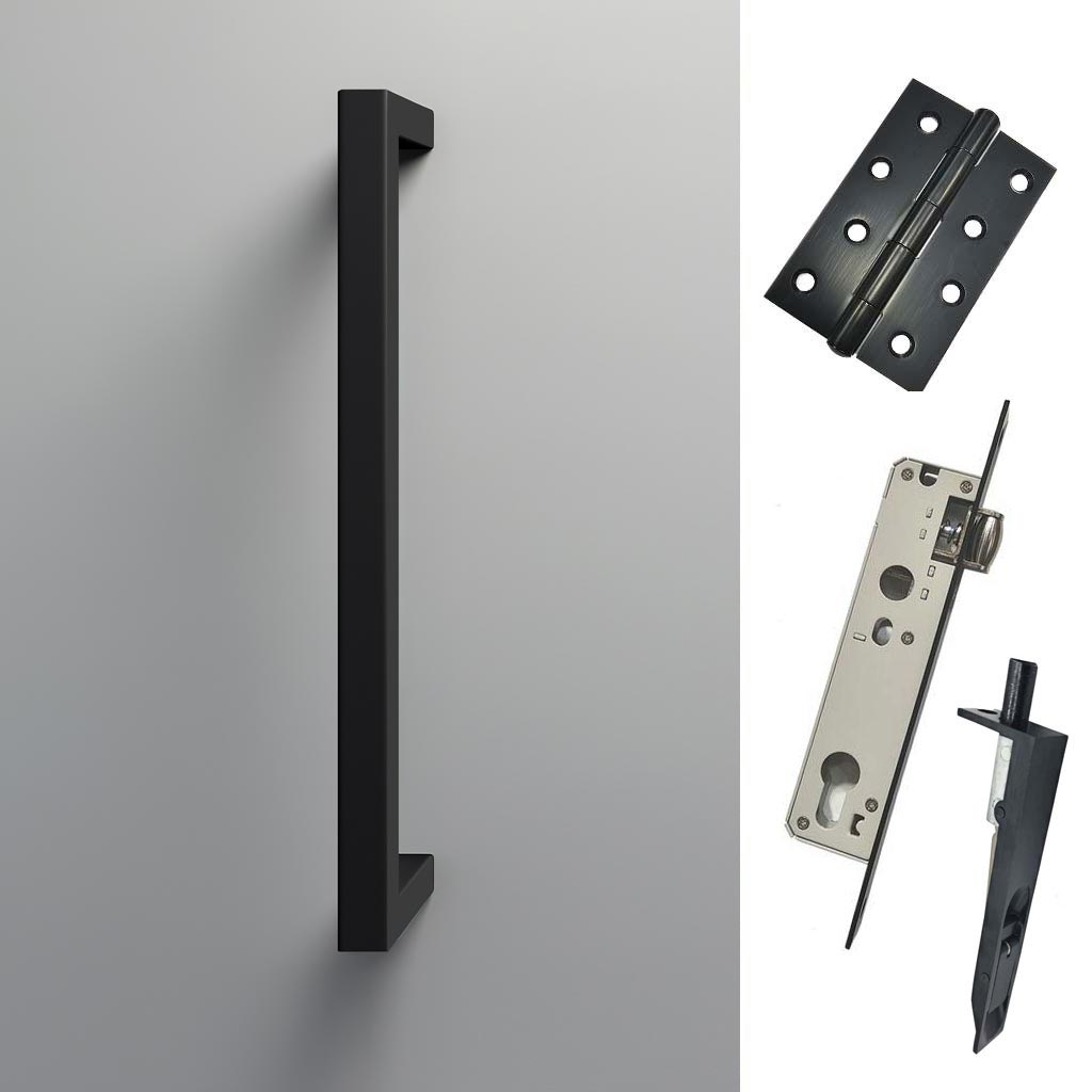 Concord 280mm Back to Back Double Door Pull Handle Pack - 6 Square Hinges - Matt Black