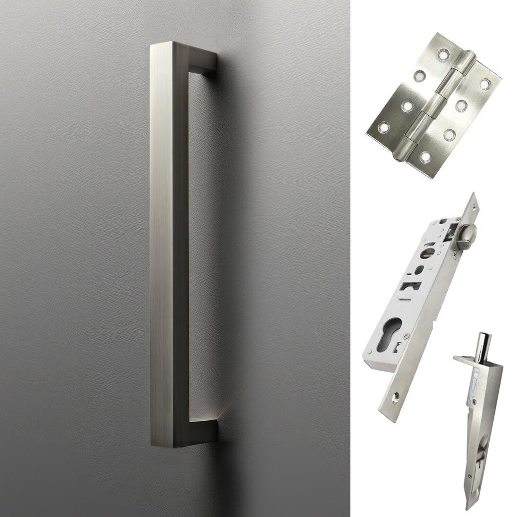 Concord 280mm Back to Back Double Door Pull Handle Pack - 8 Square Hinges - Satin Stainless Steel