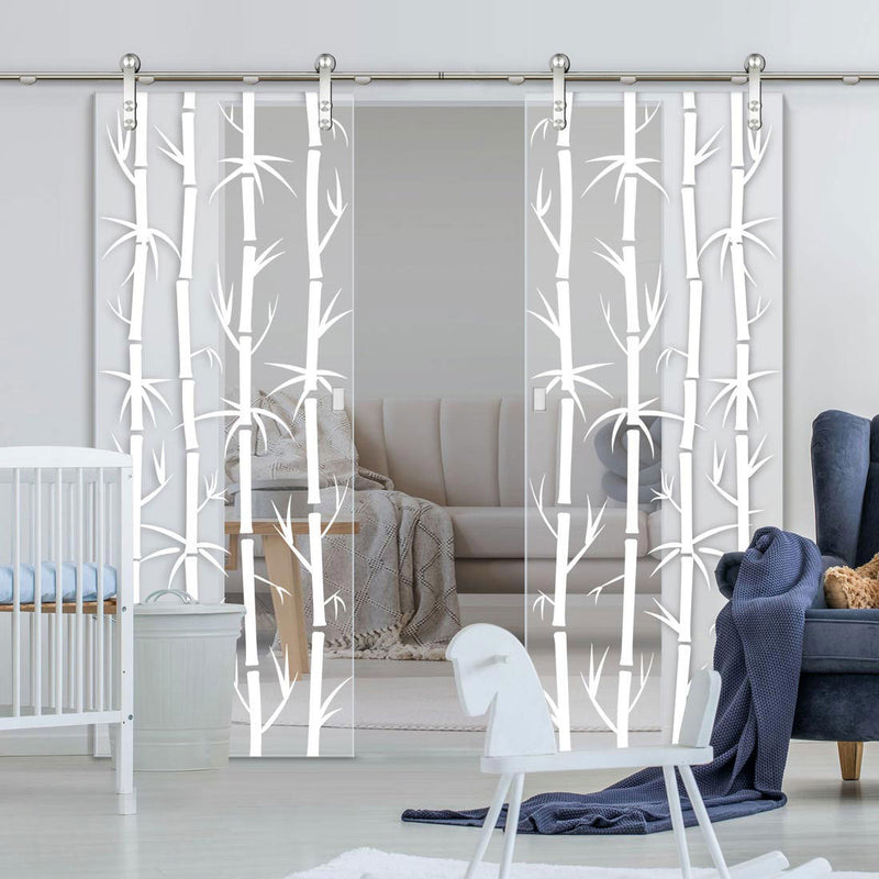 Double Glass Sliding Door - Solaris Tubular Stainless Steel Sliding Track & Bamboo 8mm Clear Glass - Obscure Printed Design